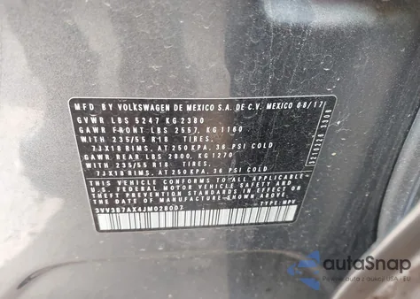 2018 Volkswagen Tiguan 2.0T Se/2.0T Sel из США, поврежденный, VIN 3VV3B7AX4JM028007